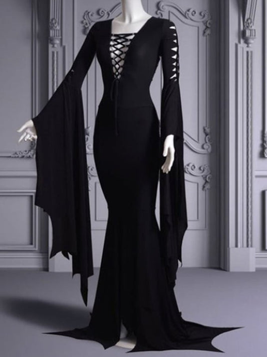 Women's Vintage Gothic Bell Sleeve Tie V-Neck Dress