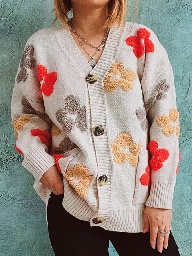 Women's Single Breasted Large Pocket Floral Jacquard Sweater Cardigan