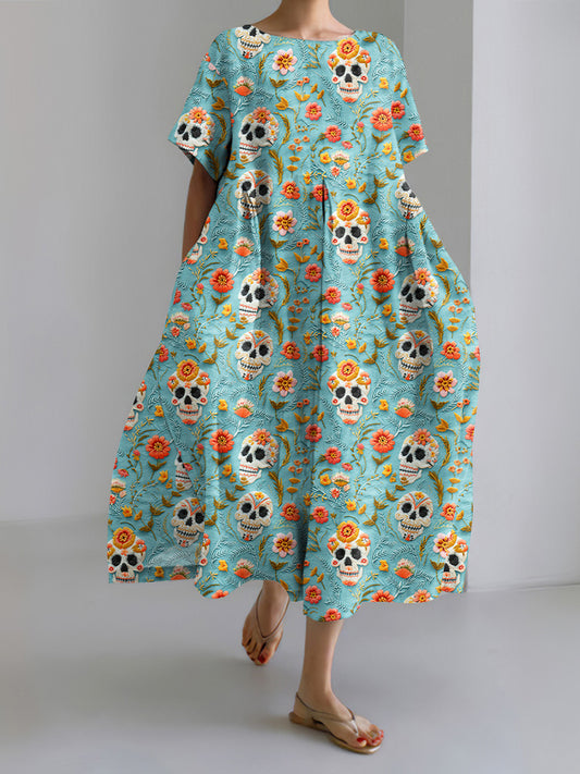 Halloween Skull Print Crew Neck Short Sleeve Midi Dress