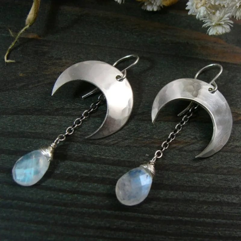 Moonstone Silver Color Crescent Moon Earrings