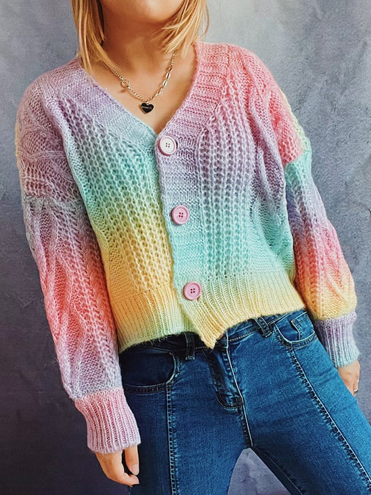 Women's Stylish Rainbow Single Breasted Short Lightweight Cardigan Sweater Jacket