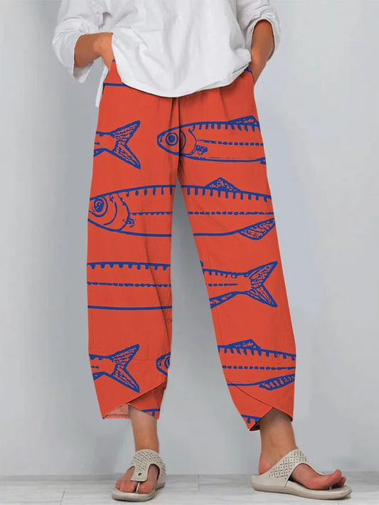 Japanese Red Sardines Art Print Cropped Pants