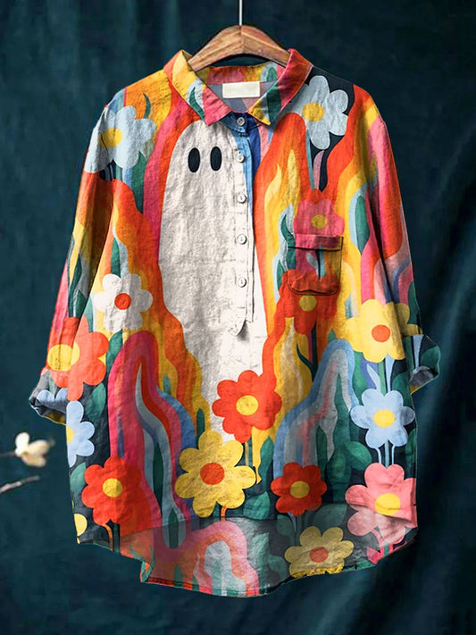 Women's Vintage Halloween Cute Ghost In The Flowers Art Print Casual Cotton And Linen Shirt