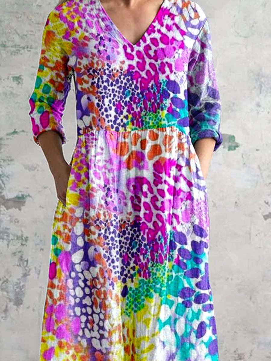 Women's V Neck Abstract Art Pattern Dress With Pockets