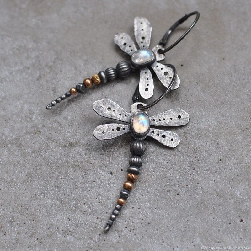 Round moonstone dragonfly earrings