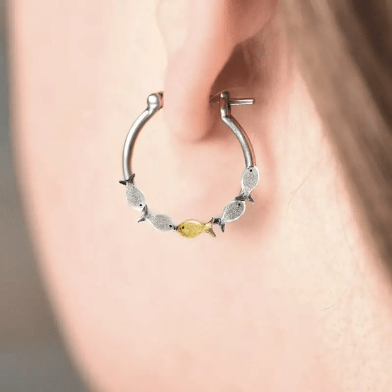 Mini Fish Swimming Against The Current Zinc Alloy Hoop Earrings