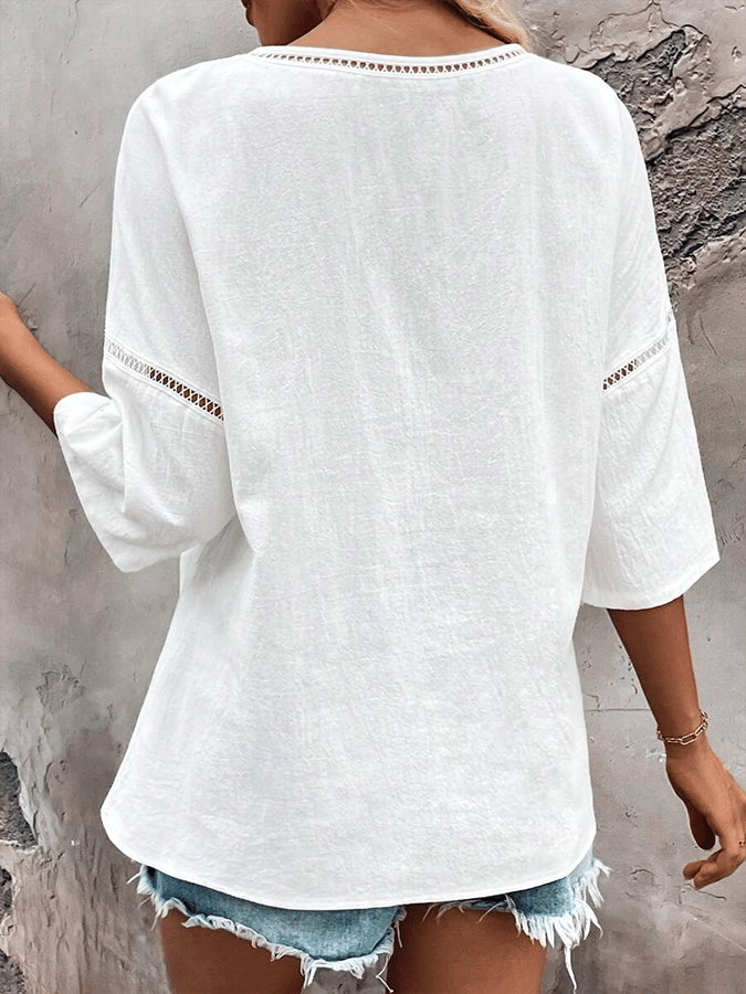 Women's Solid Color Loose Hollow Design Casual Round Neck Top