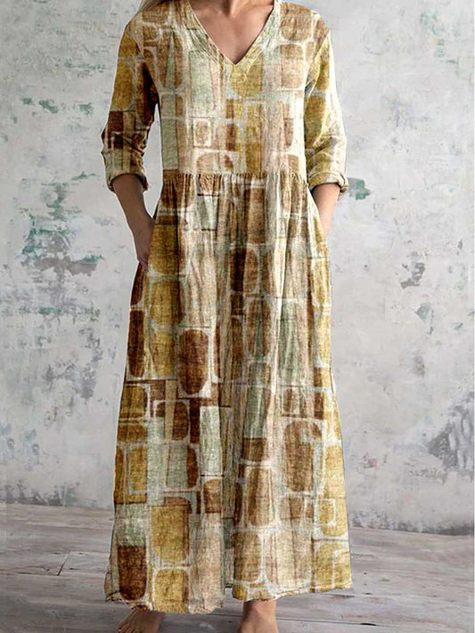 Women's Round Neck Vintage Geometric Print Pattern Dress with Pockets