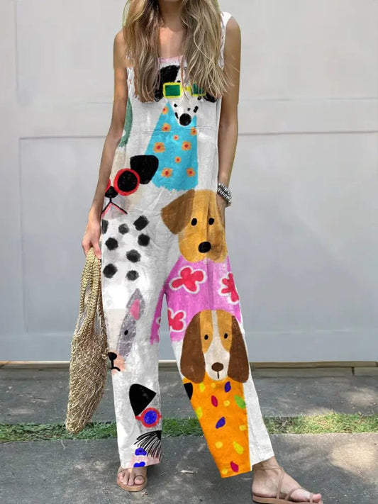 Women's Colorful Cartoon Dog Print Casual 100% Cotton Wide Leg Jumpsuit