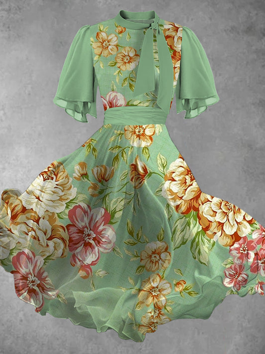 Floral Print Short Sleeve Round Neck Vintage Elegant Midi Dress