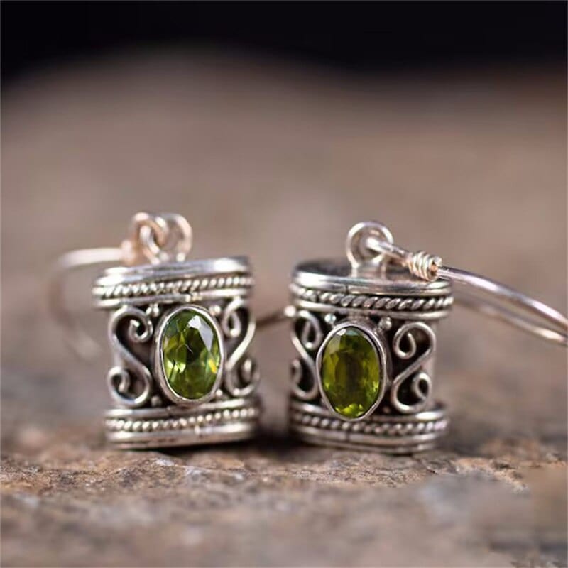 Ethnic Oval Inlaid Olive Green Stone Hook Earrings