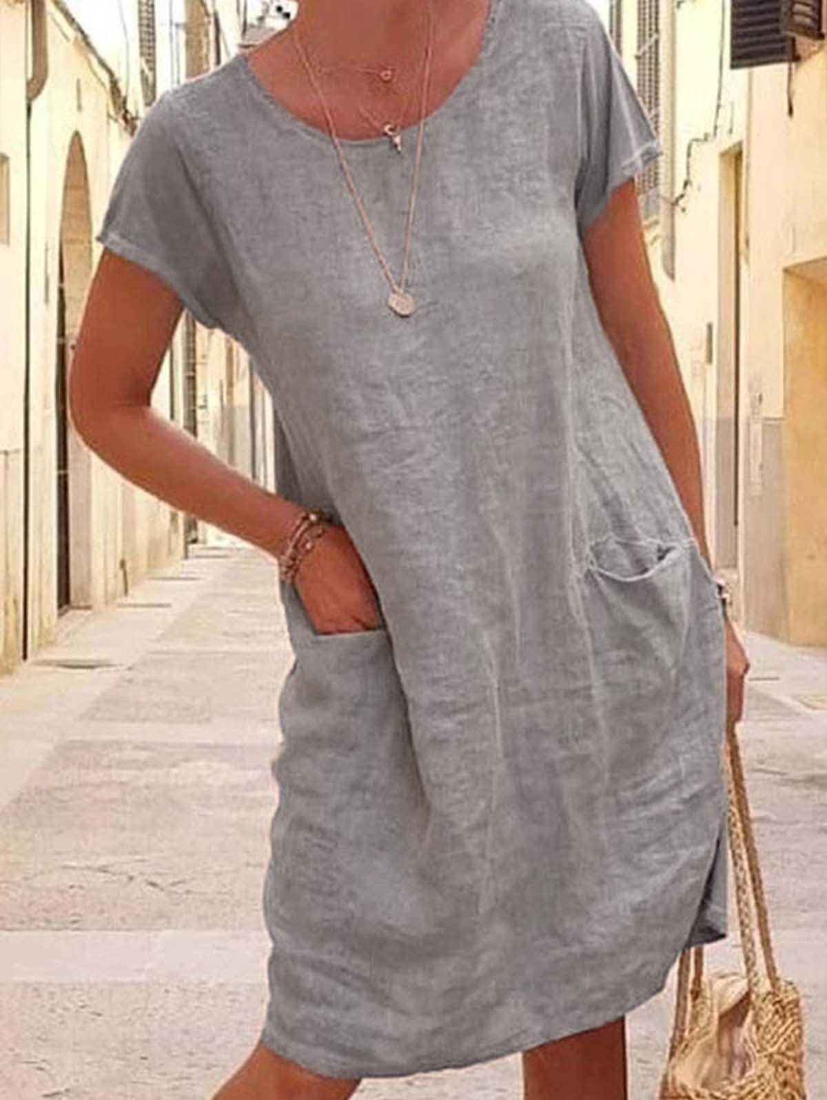 Women Casual Pockets O-Neck Short Sleeve A-Line Linen Dress