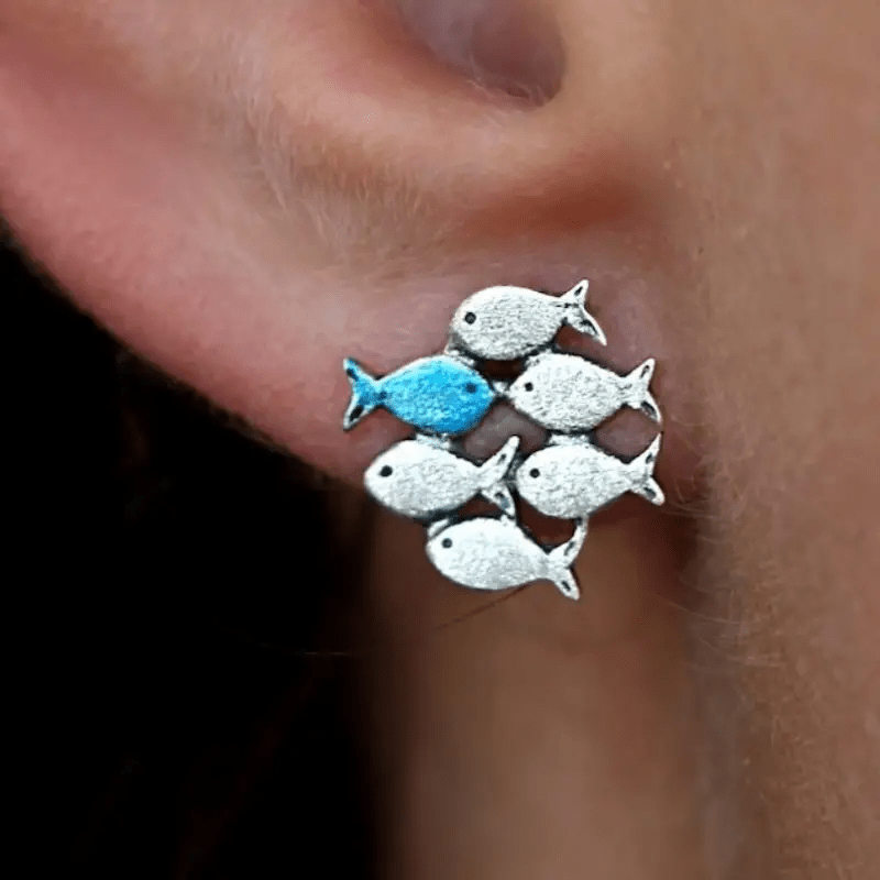 Unique Fish Group Design Stud Earrings