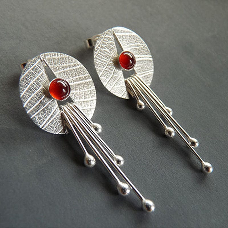 Hollow Round Red Stone Pendant Earrings