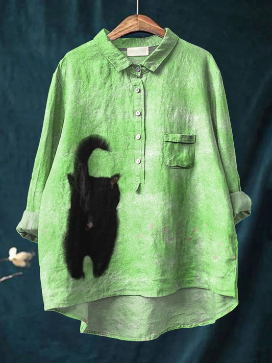 Cute Black Cat Walk in Grass Printed Women's Casual Cotton And Linen Shirt