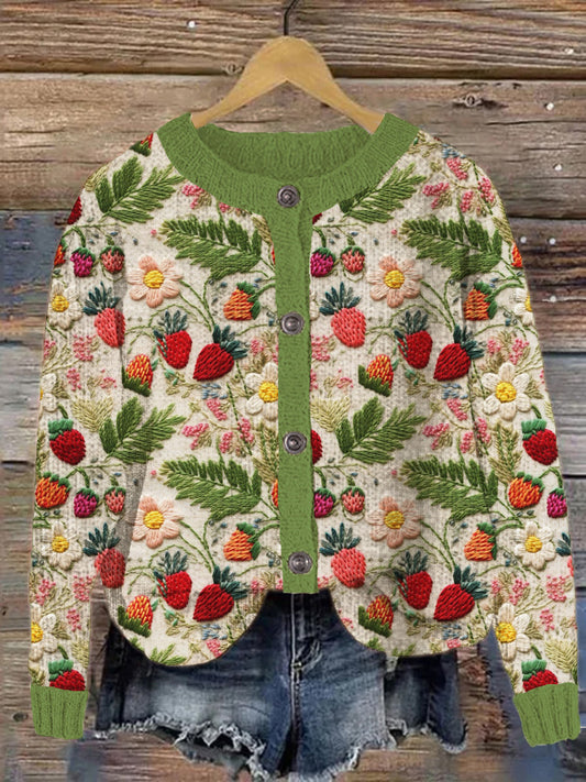 Strawberry Daisy Embroidery Art Cozy Knit Cardigan