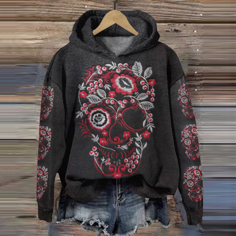 Halloween Skull Embroidered Art Print Casual Hoodie