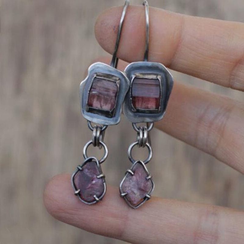 Vintage Old Metal Square Pink Crystal Earrings