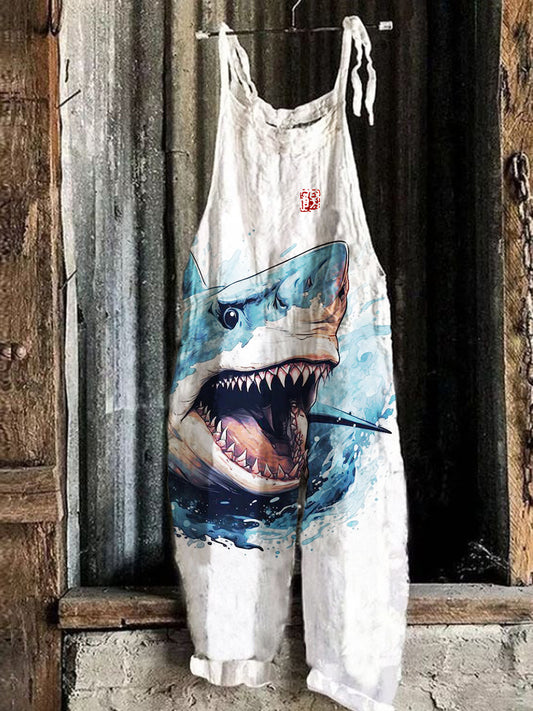 Shark Watercolor Art Print Linen Bib Pants