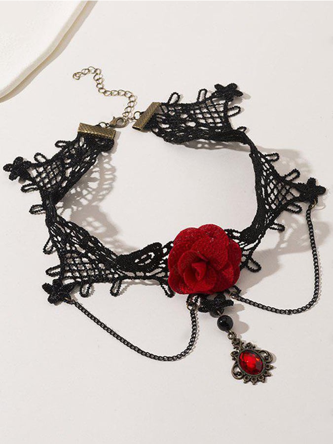 women's Gothic Waterdrop Rose Chain Fringe Beaded Lace Necklace Necklace