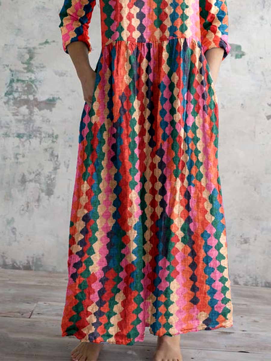 Women's V-Neck Colorful Bohemian Geometric Pattern Cotton and Linen Dress with Pockets