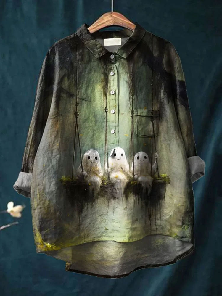 Vintage Lovely Halloween Ghost Art Print Casual Cotton And Linen Shirt