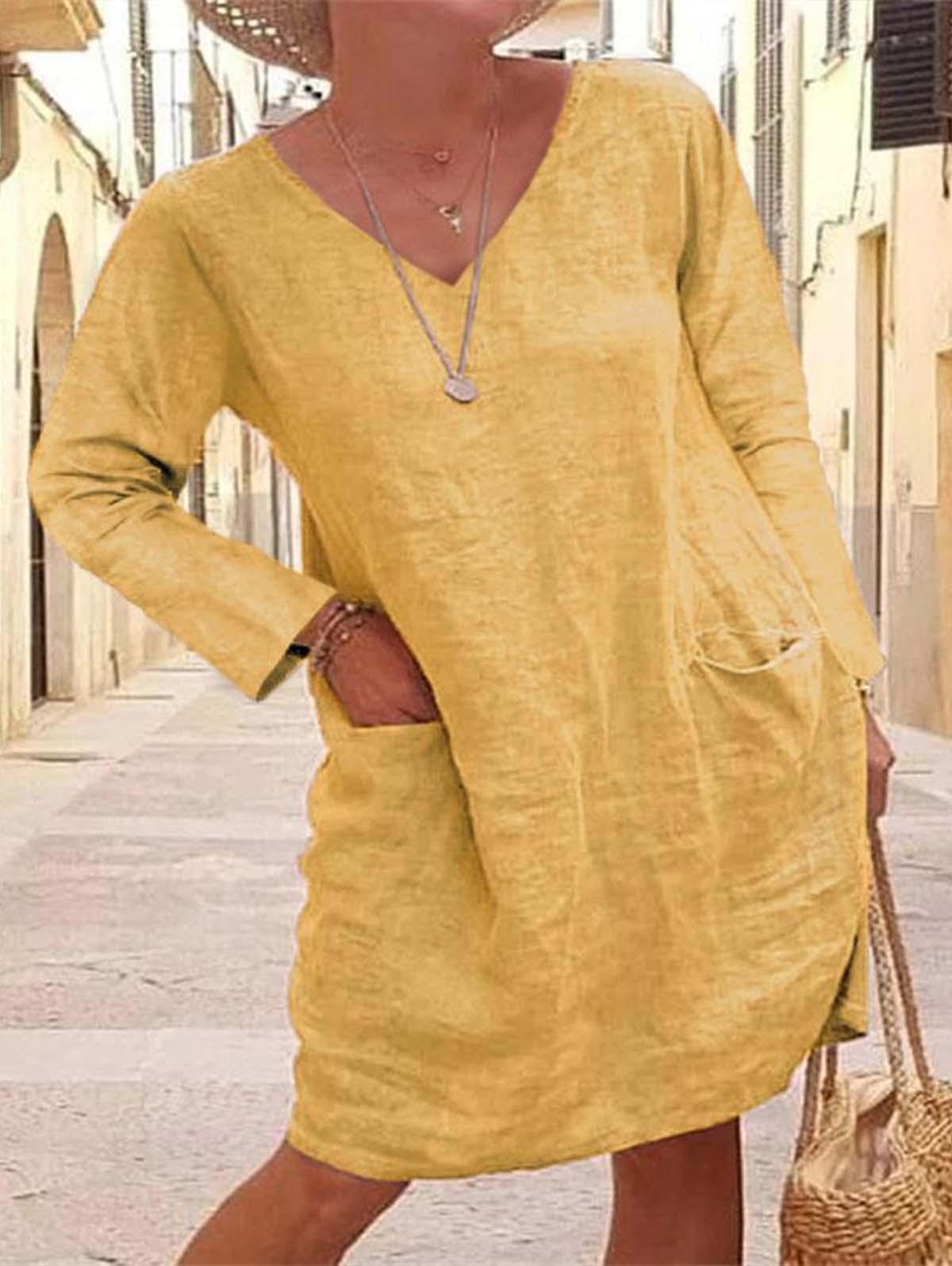Women Casual Pockets O-Neck Short Sleeve A-Line Linen Dress