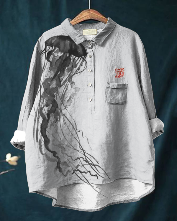 Japanese Art Jellyfish Print Casual Cotton and Linen Shirt