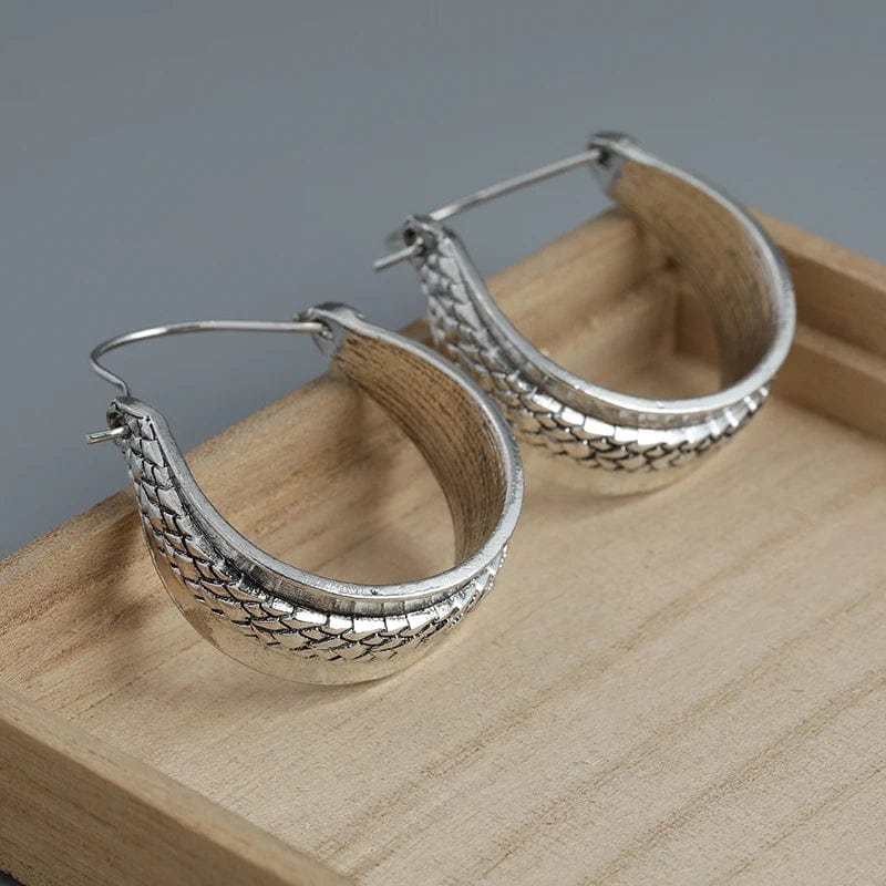 Vintage Snakeskin Pattern Silver Hoop Earrings