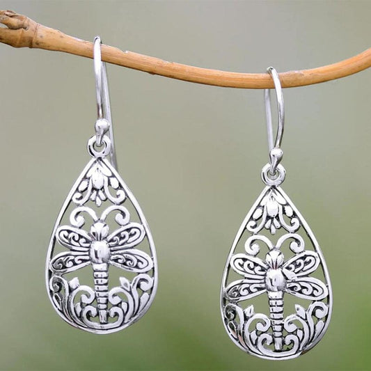 Silvery Dragonfly Design Teardrop Carved Dangle Earrings