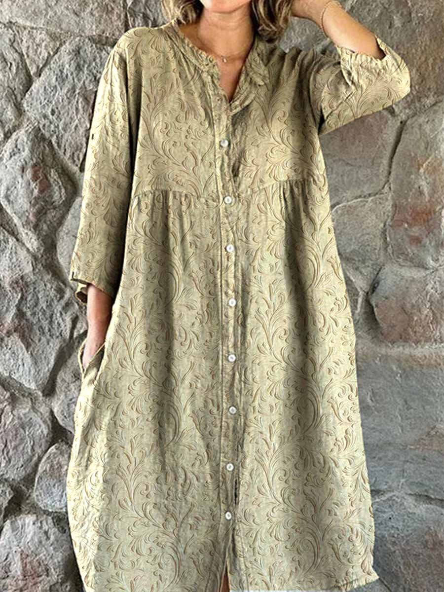 Women's Elegant Simple Floral Pattern Shirt Cotton and Linen Dress with Pockets