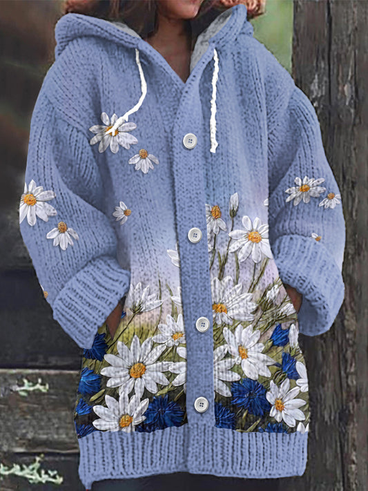 Daisy Print Knitted Hooded Cardigan