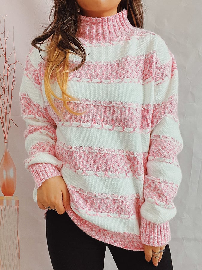 Women's Chenille Contrast Striped Half Turtleneck Long Sleeve Knitted Sweater