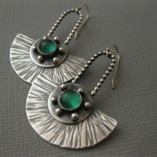 Attractive Fan Shaped Geometry Green Stone Earrings