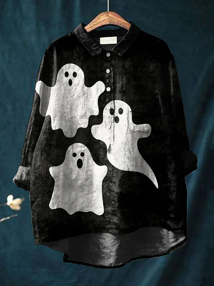 Women's Vintage Halloween Cute Little Ghost Face Ghost Art Print Casual Cotton And Linen Shirt