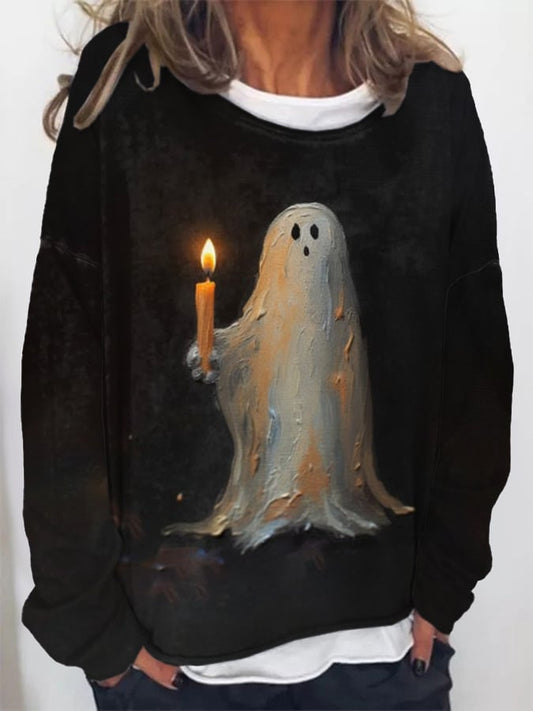 Plus Size Ghost Painting Candle Print Round Neck Sweatshirt