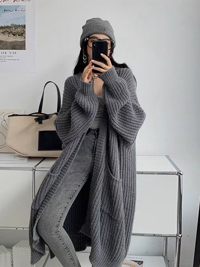 Women's Slouchy Loose Mid-Length Cardigan Sweater Overcoat