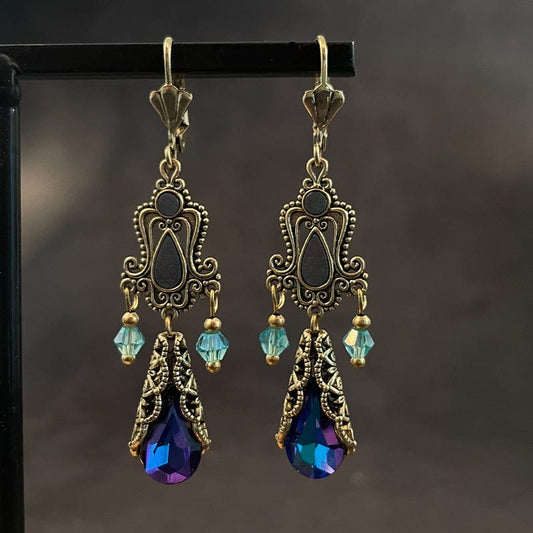 Teardrop Shape Artificial Crystal Decor Carved Dangle Earrings