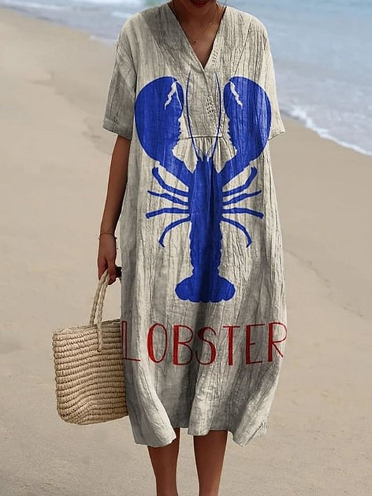 Women's Blue Lobster Watercolor Splash Fluid Art Print Flowy Dress