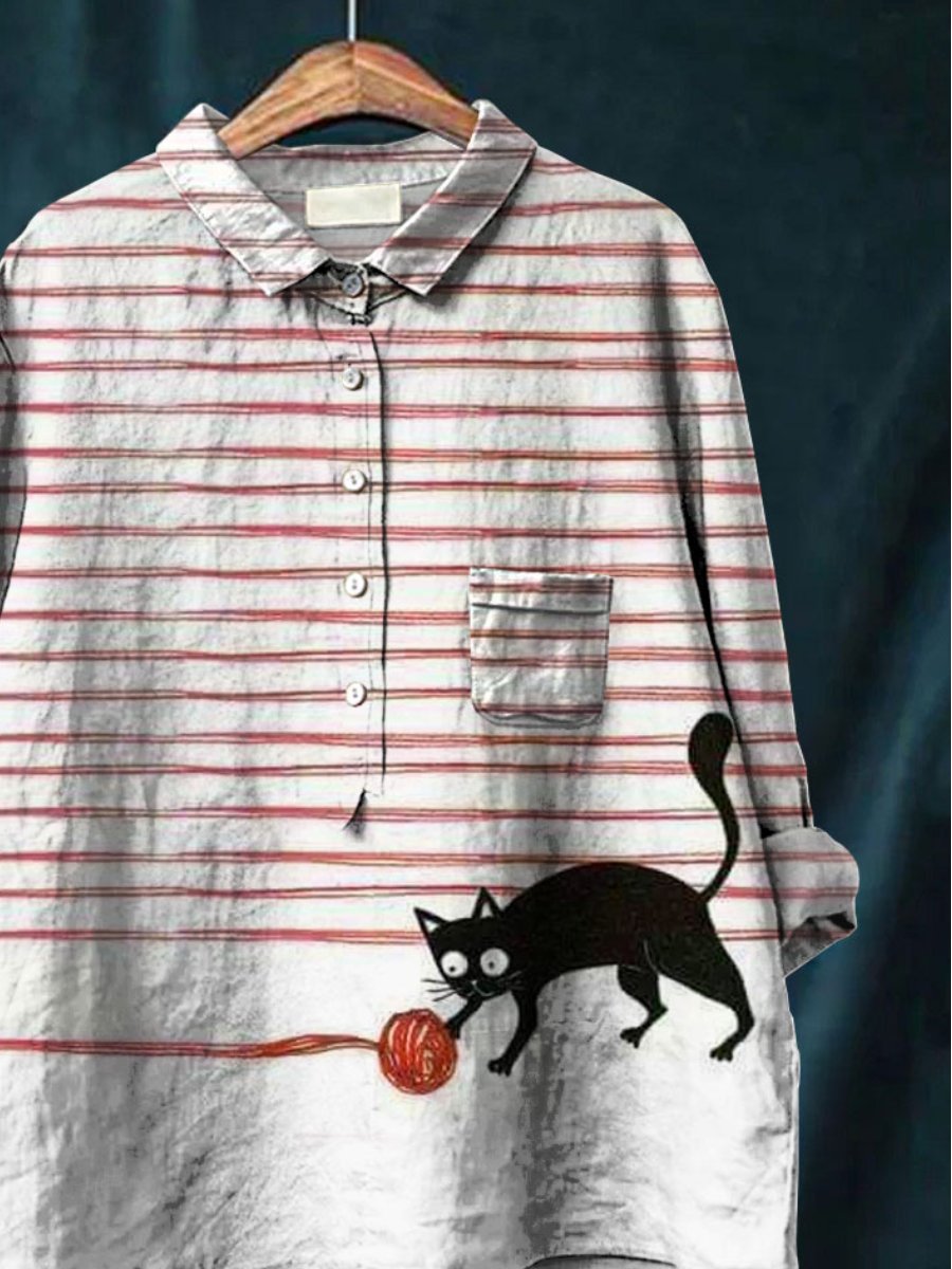 Women's  Cat Print Casual Cotton And Linen Shirt