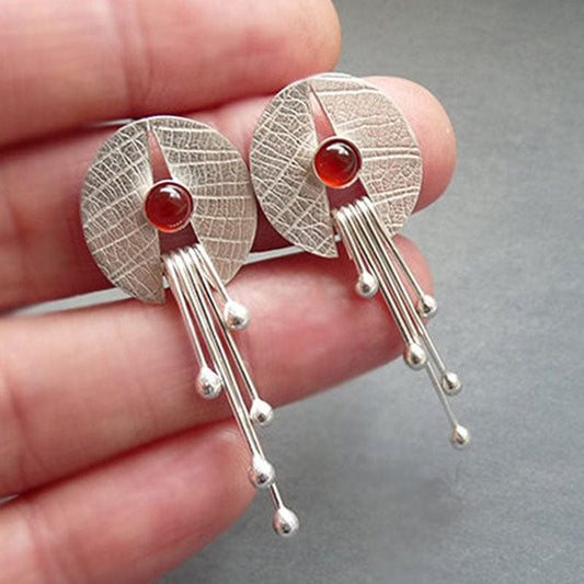 Hollow Round Red Stone Pendant Earrings