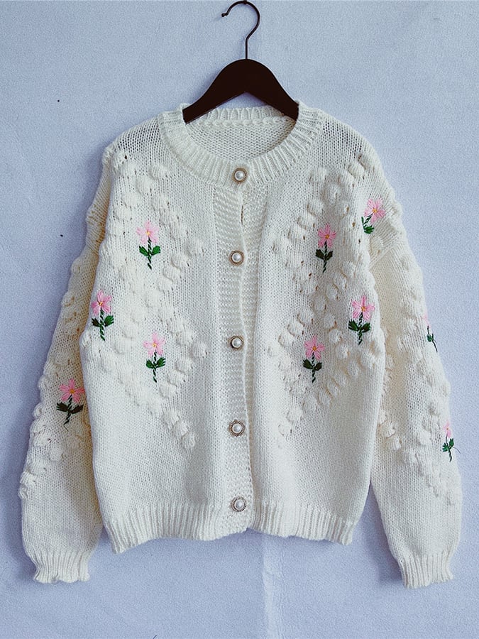 Women's Casual Crochet Embroidery Pearl Button Cardigan Sweater