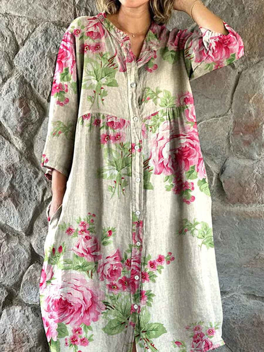 Women's Shirt Style Elegant Simple  Rose Floral Pattern Cotton And Linen Dress With Pockets