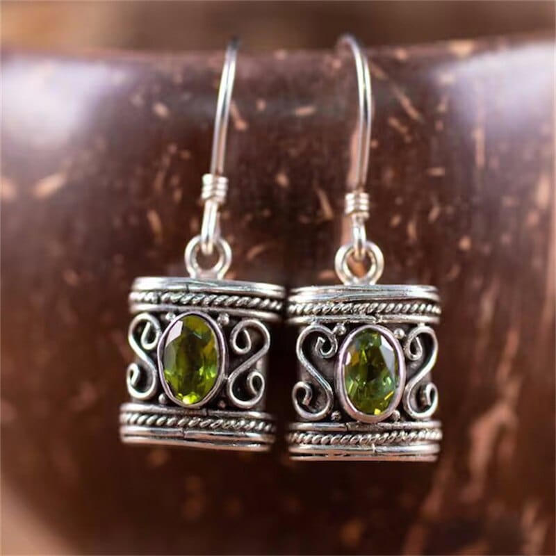 Ethnic Oval Inlaid Olive Green Stone Hook Earrings