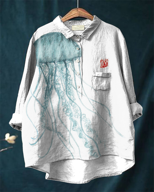 Vintage Japanese Jellyfish Art Print Cotton and Linen Shirt