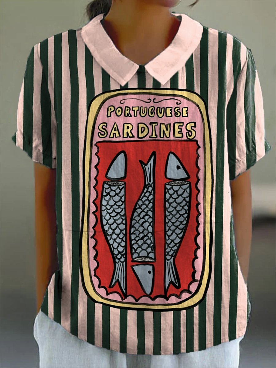 Women's Canned Pink-green Striped Sardines Print Casual Cotton And Linen Shirt