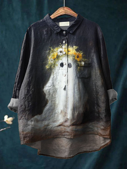 Vintage Lovely Ghost Floral Art Print Casual Cotton And Linen Shirt