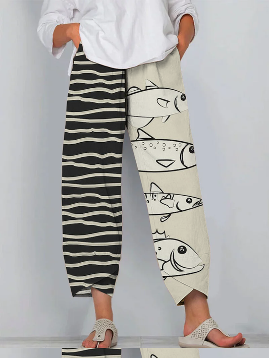 Casual Ocean White Fish Art Print Cropped Pants