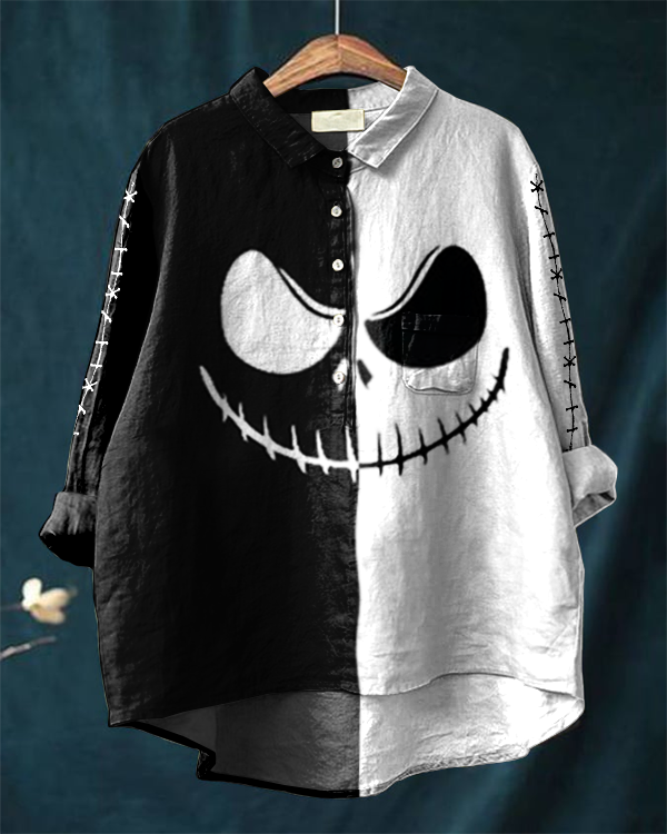 Halloween Skull Black and White Print Casual Cotton and Linen Shirt