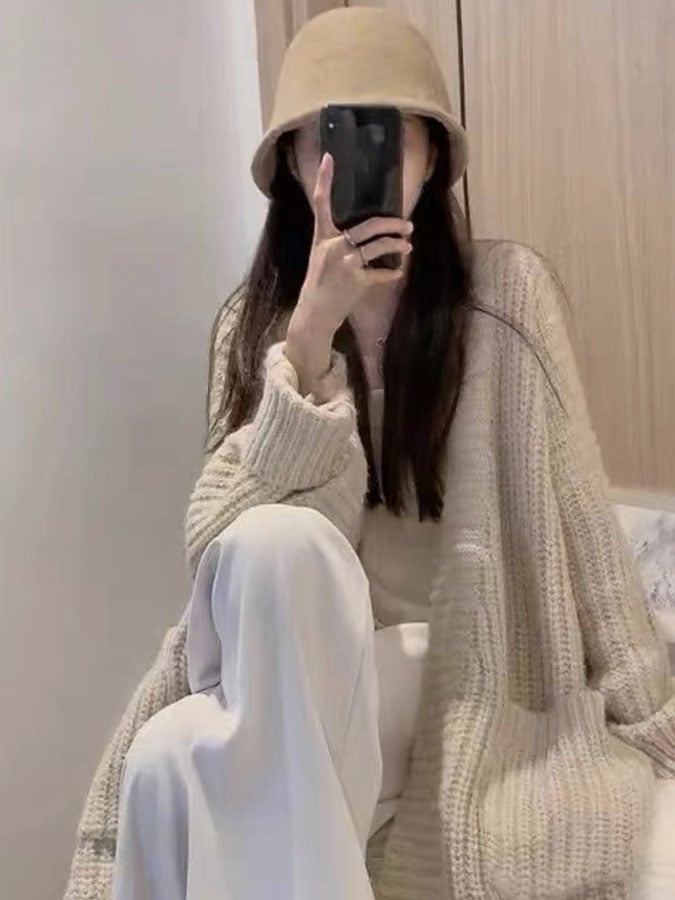 Women's Slouchy Loose Mid-Length Cardigan Sweater Overcoat